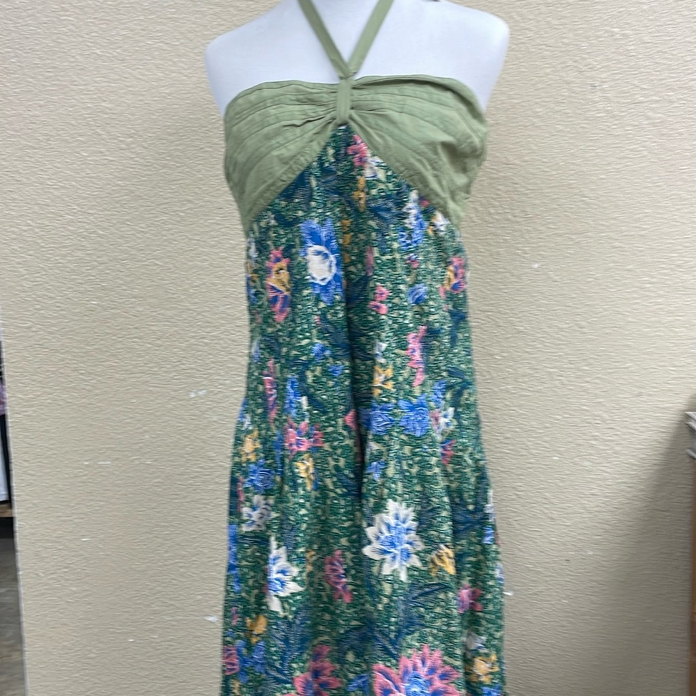 Anthropologie Olive Green Floral Halter Maxi Dress